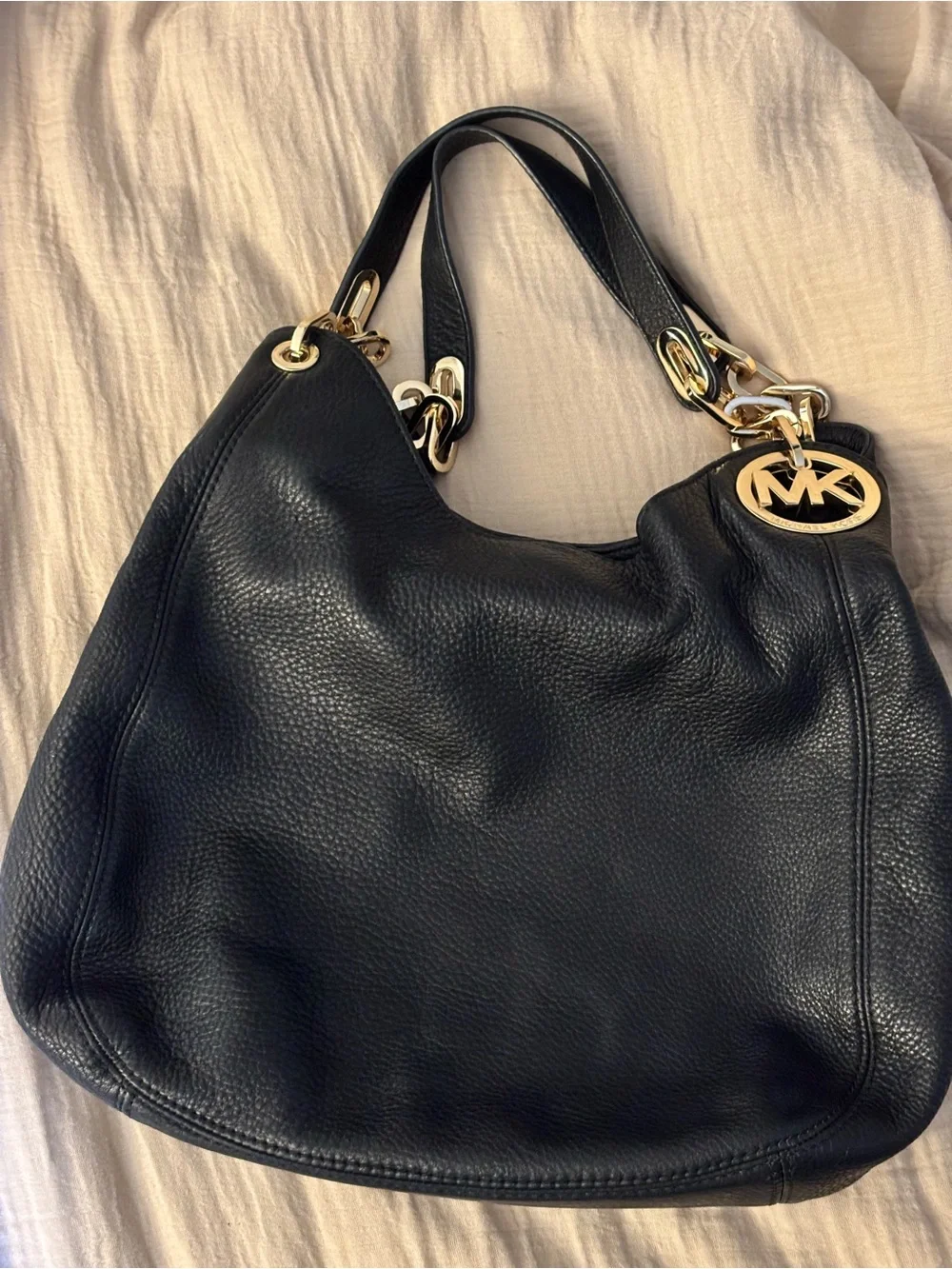Michael Kors Black Pebbled Leather Hobo with Gold MK Charm